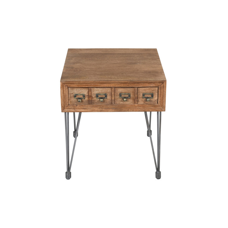 Industrial Brown Wood and Metal Square End Table with Storage
