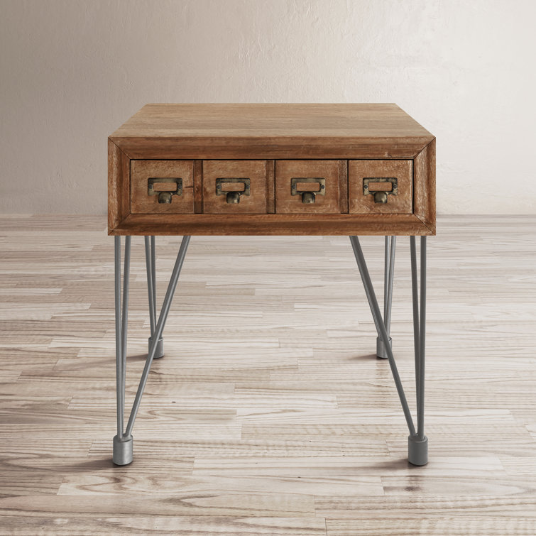 Industrial Brown Wood and Metal Square End Table with Storage