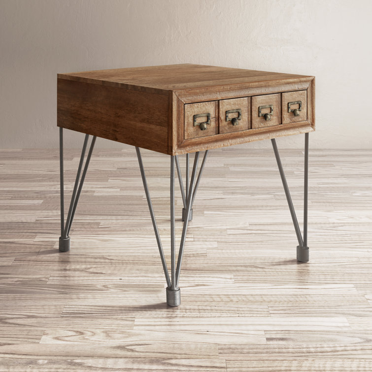 Industrial Brown Wood and Metal Square End Table with Storage