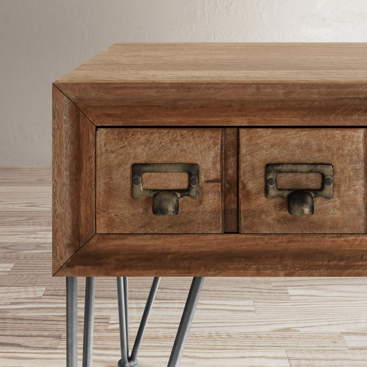 Industrial Brown Wood and Metal Square End Table with Storage