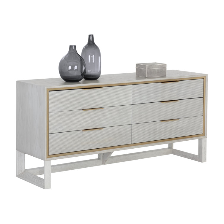 Gray Oak 6-Drawer Dresser with Gold Hardware