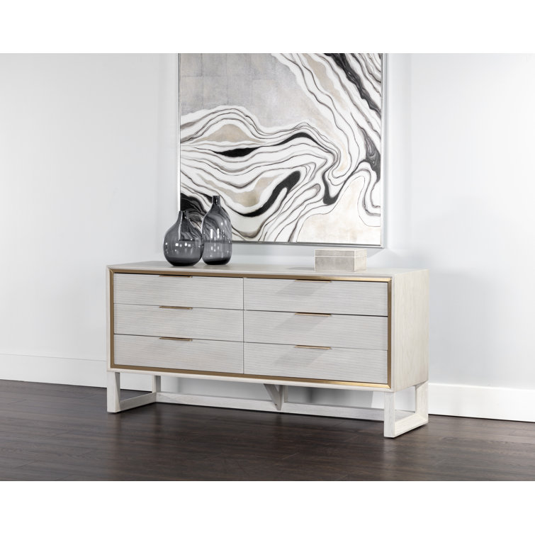 Gray Oak 6-Drawer Dresser with Gold Hardware