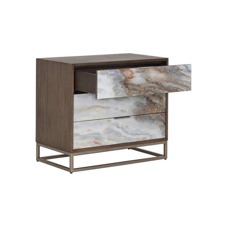 Brown Oak Veneer Nightstand with Printed Acrylic Drawers