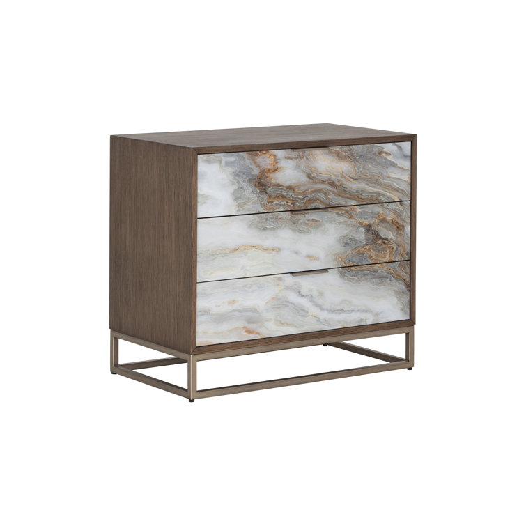 Brown Oak Veneer Nightstand with Printed Acrylic Drawers