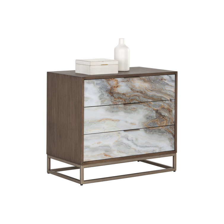 Brown Oak Veneer Nightstand with Printed Acrylic Drawers