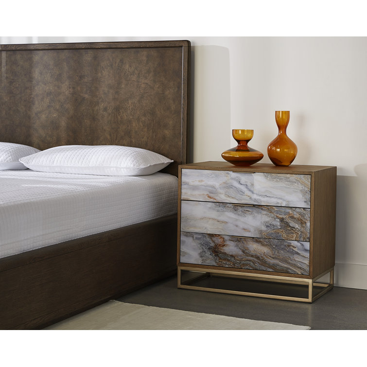 Brown Oak Veneer Nightstand with Printed Acrylic Drawers