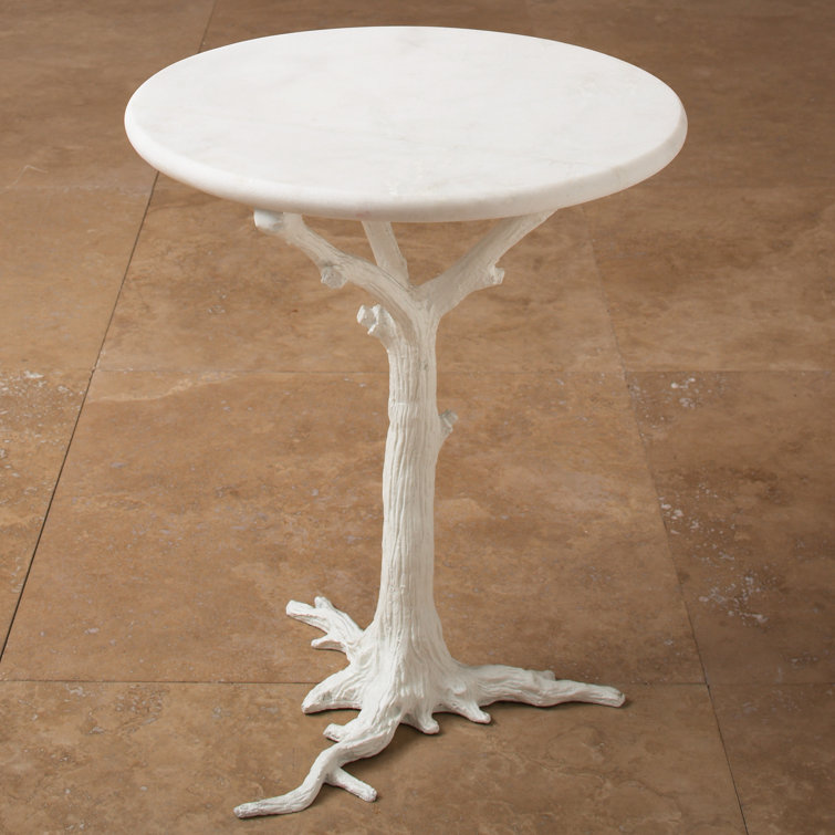 White Powder-Coated Round Stone and Metal Side Table
