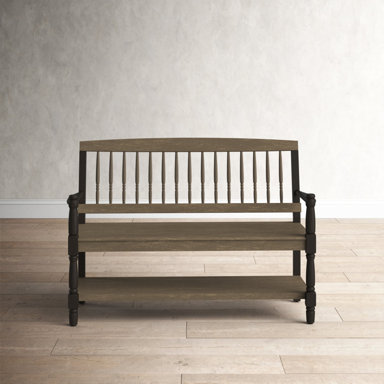 Gray and Black Acacia Wood Farmhouse Bench with Shelf