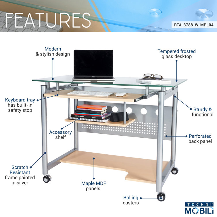 Frosted Glass and Silver Steel Rolling Computer Desk with Keyboard Tray