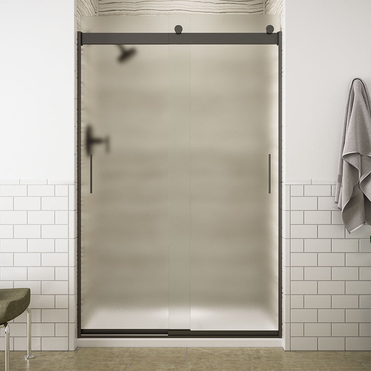 Modern Anodized Dark Bronze Frameless Sliding Shower Door with Frosted Glass
