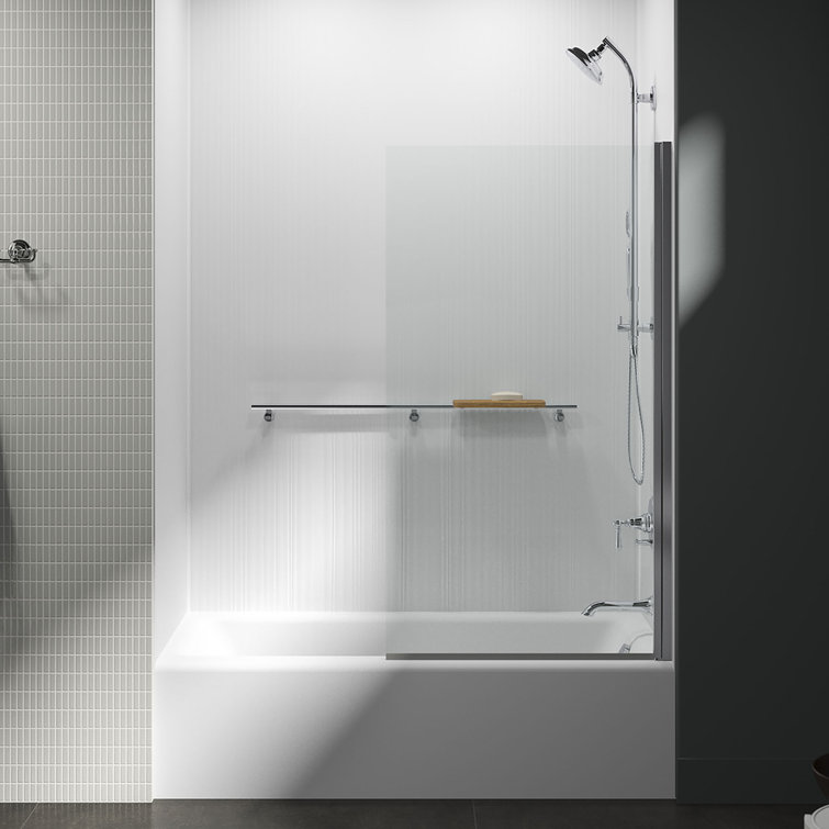 Aerie Bright Polished Silver Frameless Pivot Shower Door with Clear Glass