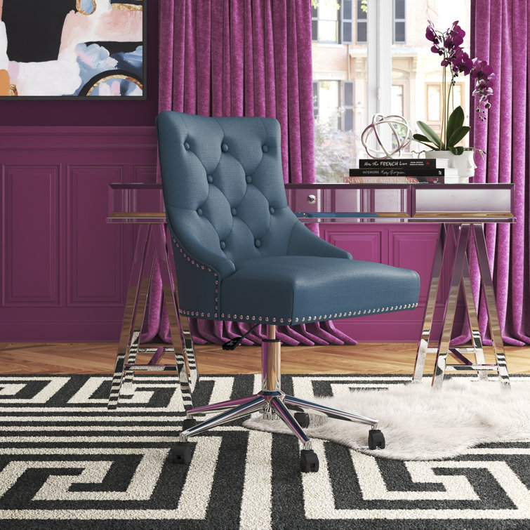Azure Elegance Tufted Swivel Office Chair with Nailhead Trim