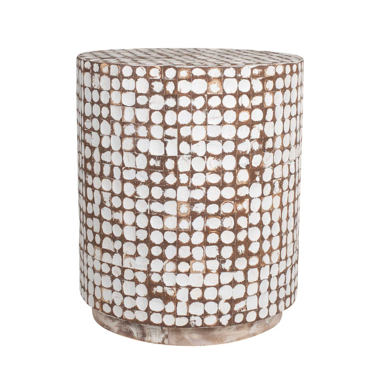 Coastal Breeze White Coconut & Wood Mosaic Round Table 16"