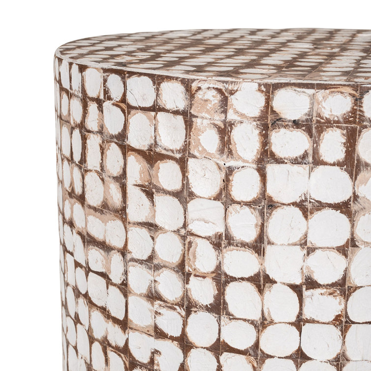 Coastal Breeze White Coconut & Wood Mosaic Round Table 16"