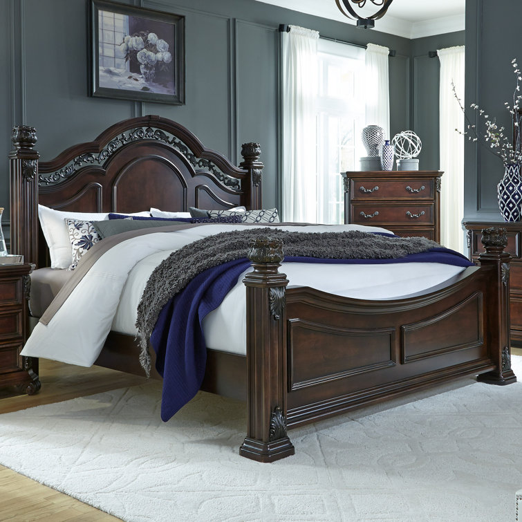 Messina Estates Dark Brown King Four-Poster Bed with Brass Finish