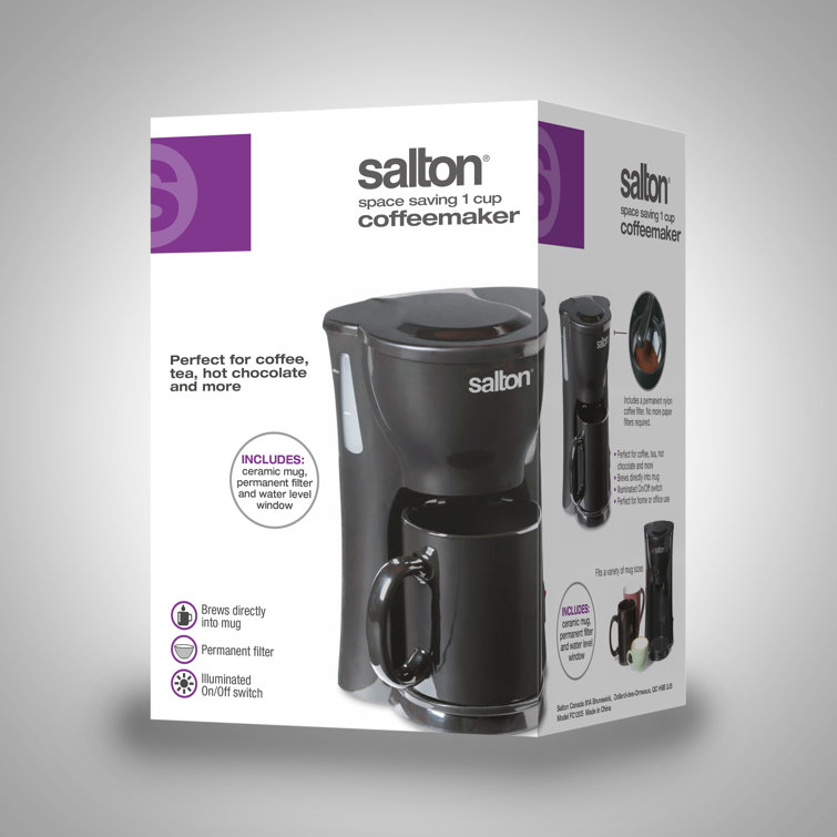 Salton Black Compact 1 Cup Drip Coffee Maker with Ceramic Mug