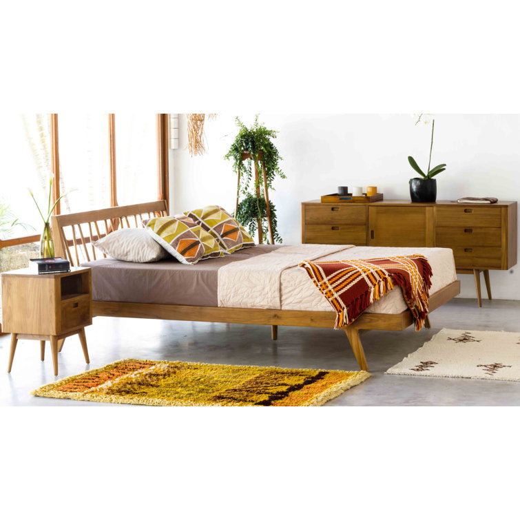 Queen Teak Wood Mid-Century Modern Platform Bed with Slats