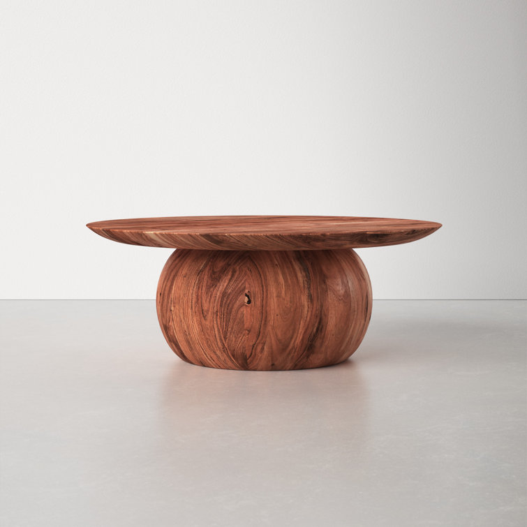 Black Round Solid Wood Coffee Table with Pedestal Base
