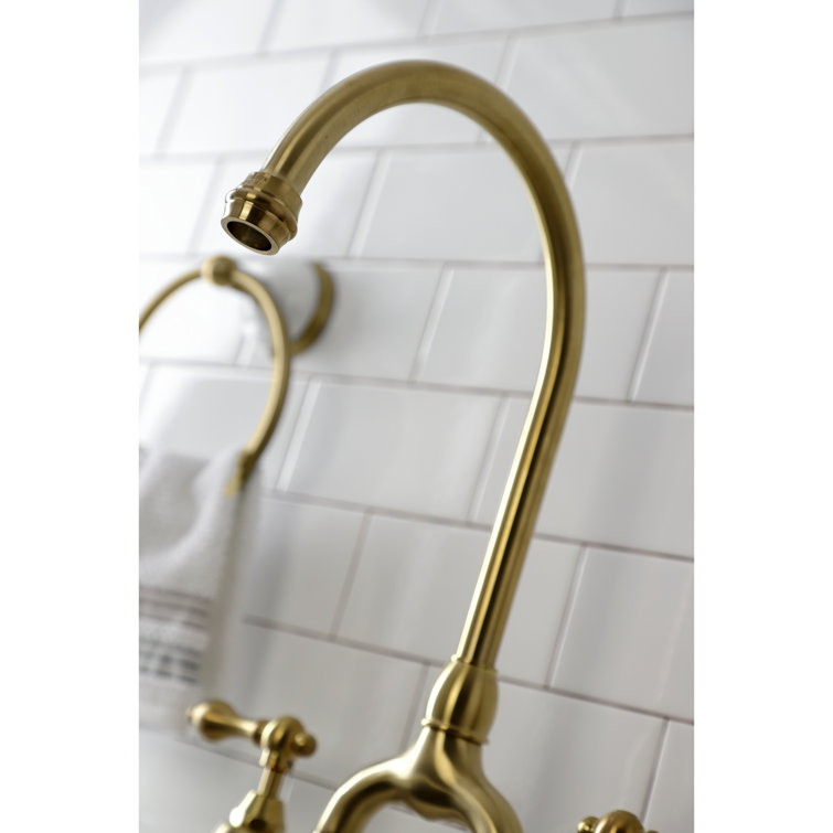 Brushed Brass Two-Handle Bridge Kitchen Faucet with Sprayer