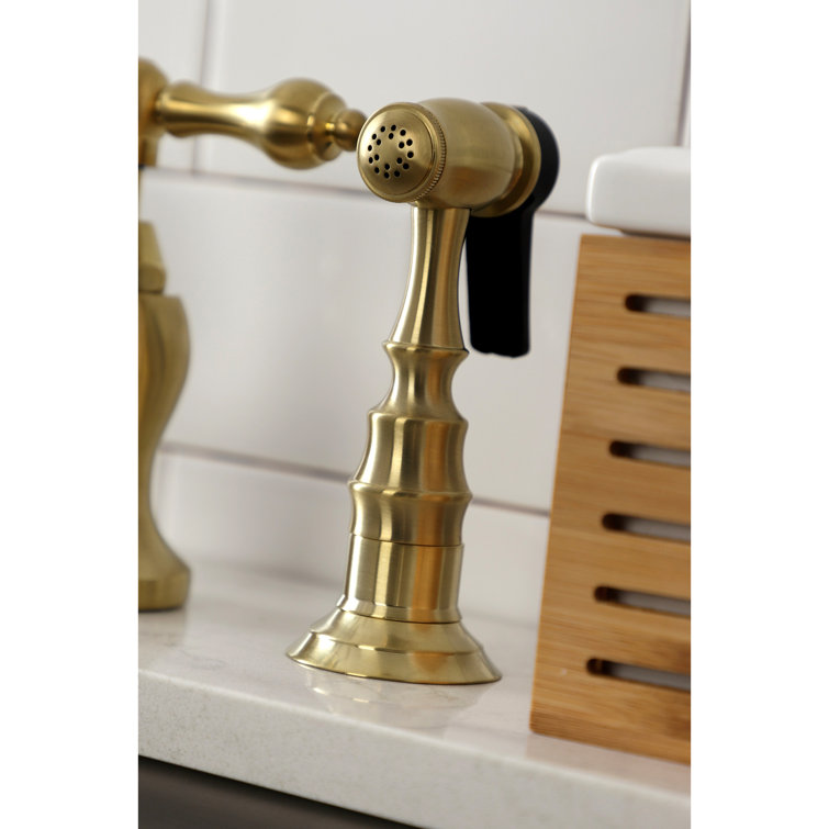 Brushed Brass Two-Handle Bridge Kitchen Faucet with Sprayer