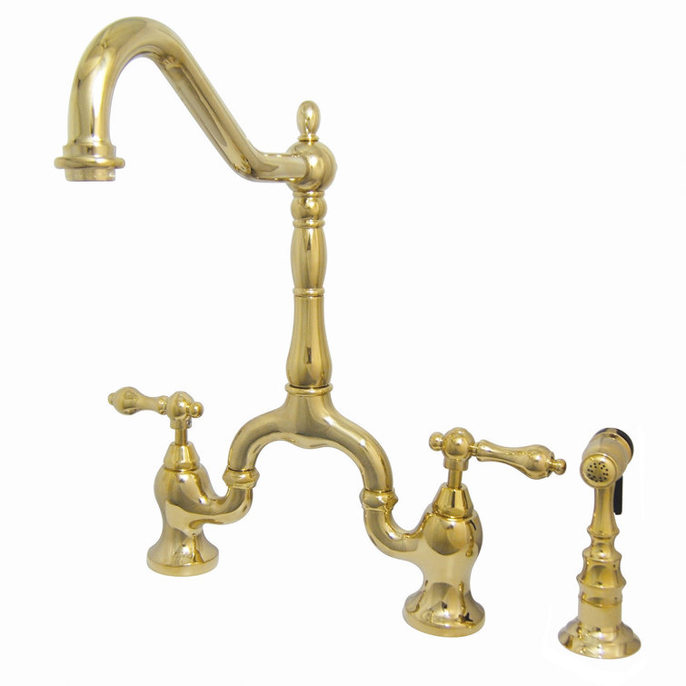 Polished Brass Traditional Bridge Kitchen Faucet with Pull-out Spray