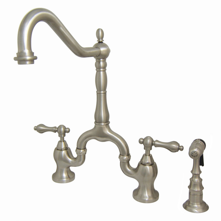 Victorian Brushed Nickel Bridge Kitchen Faucet with Brass Sprayer