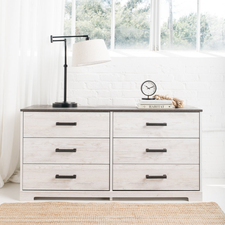 Transitional Whitewash & Gray 59" Industrial 6-Drawer Dresser