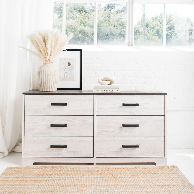 Transitional Whitewash & Gray 59" Industrial 6-Drawer Dresser
