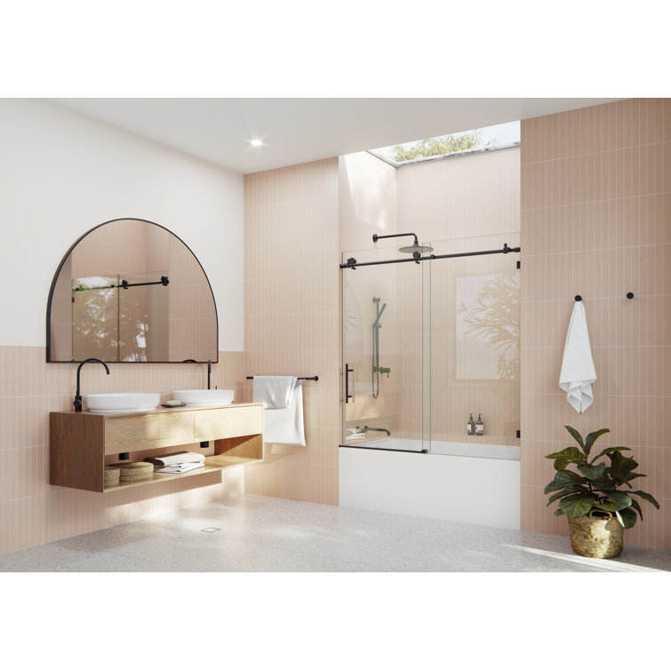 Matte Black Frameless Sliding Bathtub Door with Brass Fittings