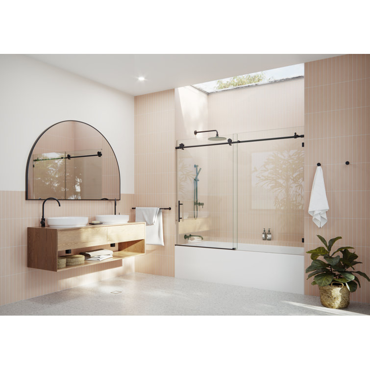 Matte Black Frameless Sliding Bathtub Door with Tempered Glass Panels