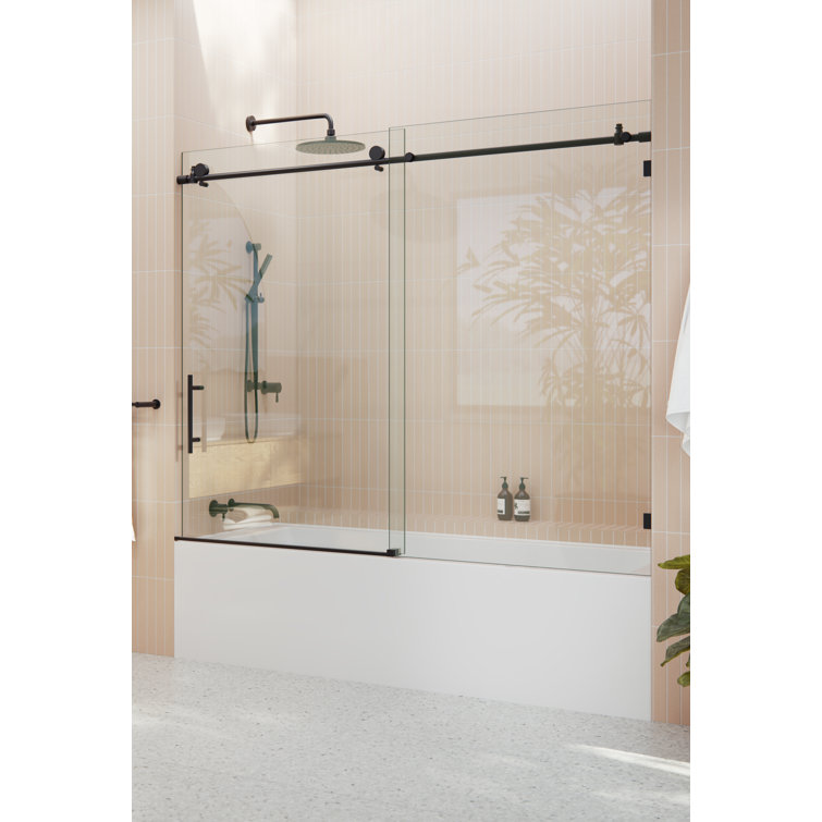 Matte Black Frameless Sliding Bathtub Door with Tempered Glass Panels