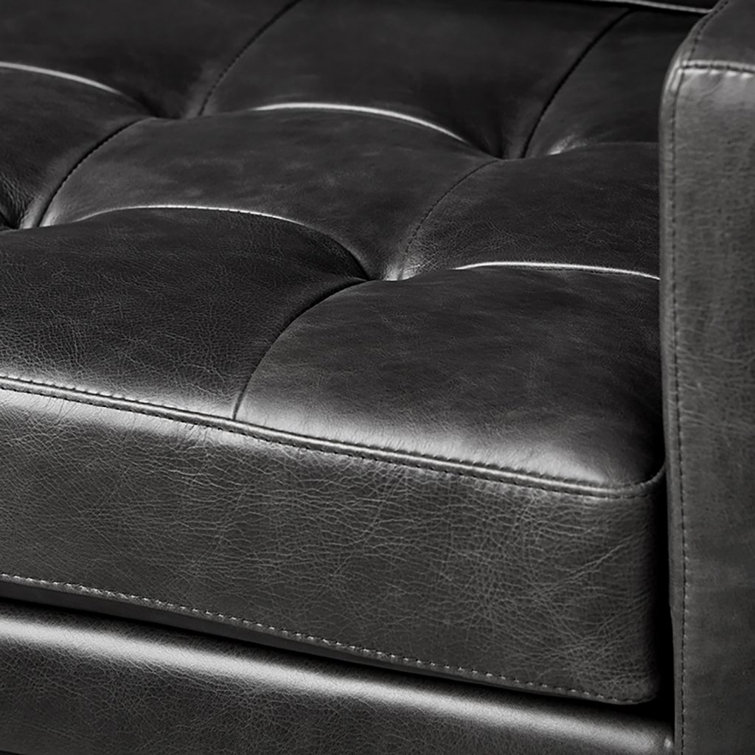 Saddle Black Genuine Leather Tufted Sofa with Pillow Back