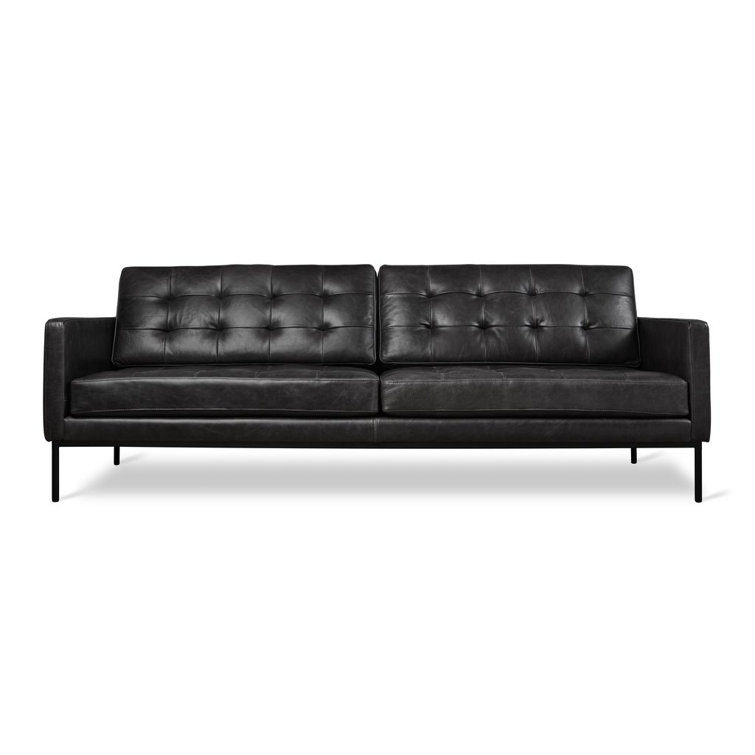 Saddle Black Genuine Leather Tufted Sofa with Pillow Back