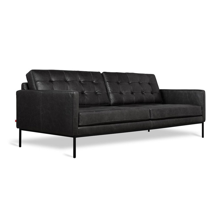 Saddle Black Genuine Leather Tufted Sofa with Pillow Back