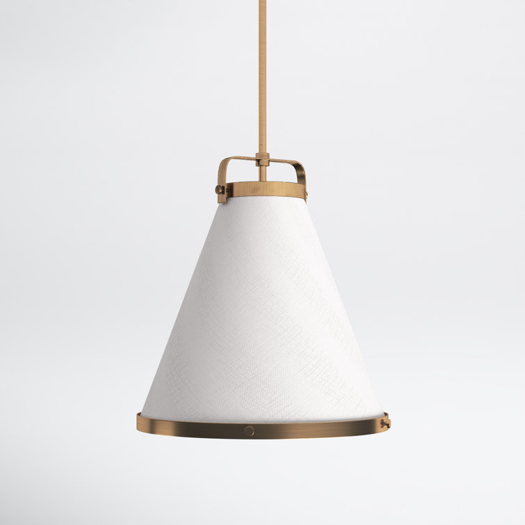 Lacquered Brass and Off-White Single Cone Pendant Light