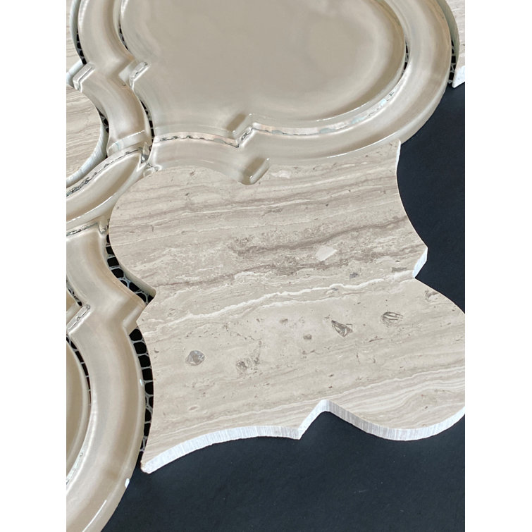 Taupe Glass and Marble Arabesque Mosaic Wall Tile