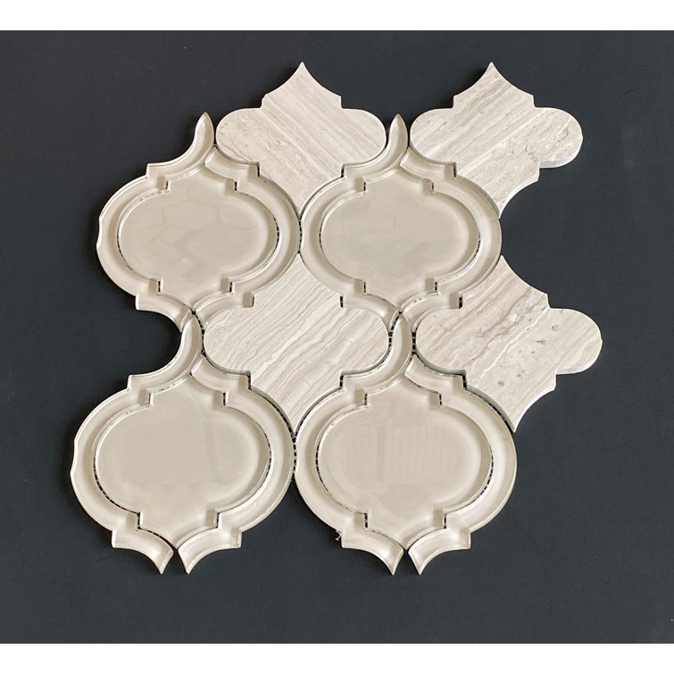 Taupe Glass and Marble Arabesque Mosaic Wall Tile