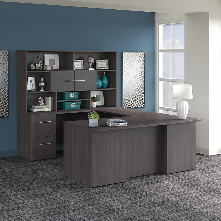 Contemporary Storm Gray U-Shaped Executive Desk with Hutch and Cable Management