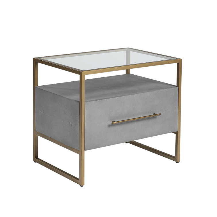 Transitional Gray Shagreen Leather Nightstand with Glass Top
