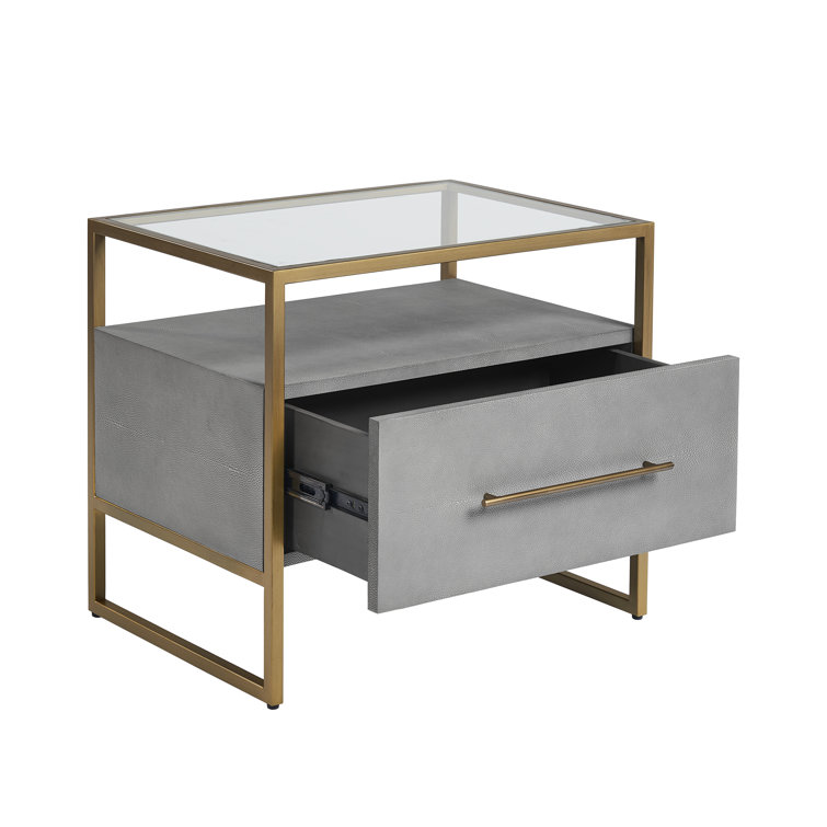 Transitional Gray Shagreen Leather Nightstand with Glass Top