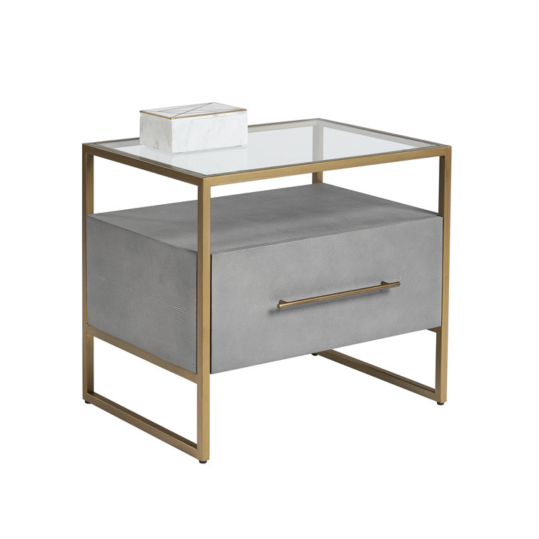 Transitional Gray Shagreen Leather Nightstand with Glass Top