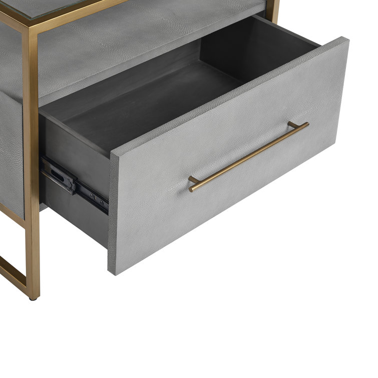 Transitional Gray Shagreen Leather Nightstand with Glass Top