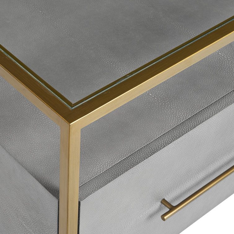 Transitional Gray Shagreen Leather Nightstand with Glass Top