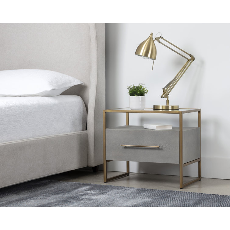 Transitional Gray Shagreen Leather Nightstand with Glass Top