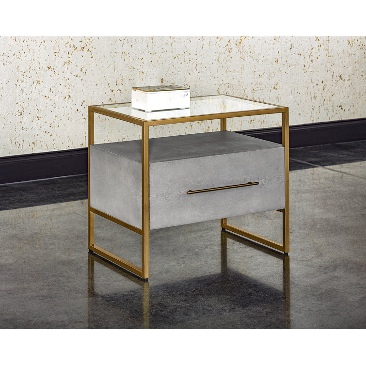 Transitional Gray Shagreen Leather Nightstand with Glass Top