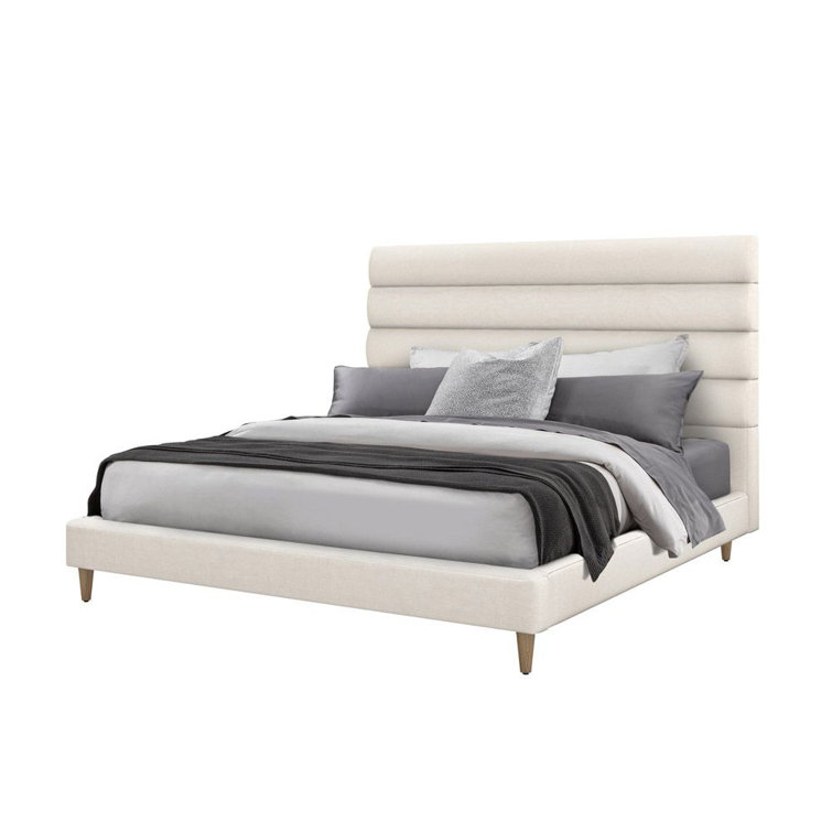 Elegant King-Sized Channel Bed in Pearl & Icy Grey Linen