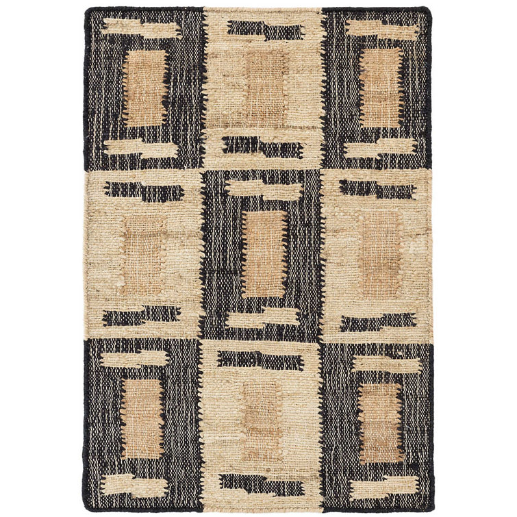 Handmade Black and Beige Geometric Wool and Viscose Area Rug