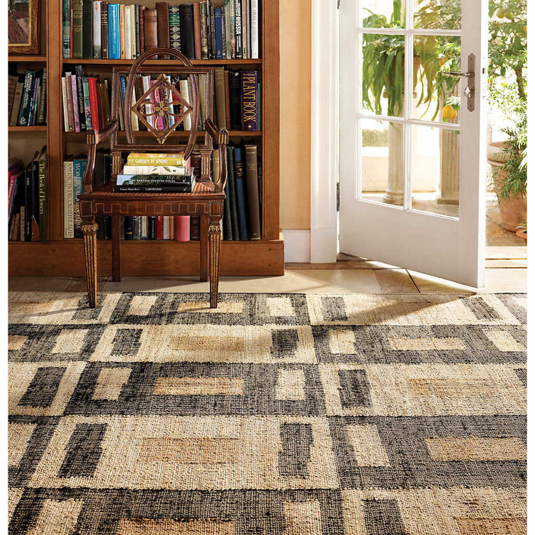 Handmade Black and Beige Geometric Wool and Viscose Area Rug