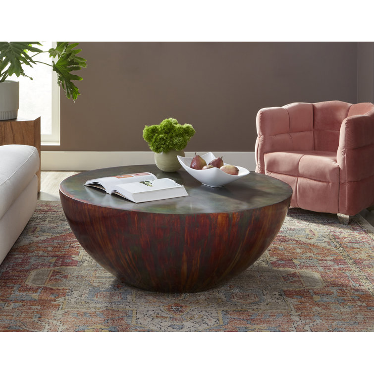 Round Brown Wood Drum Coffee Table