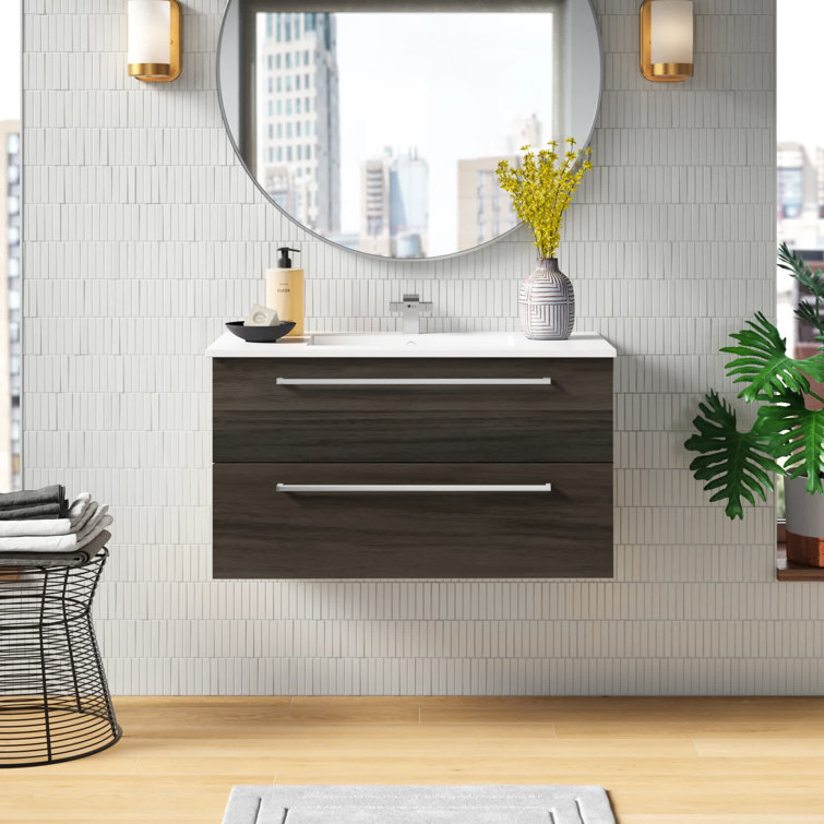 Silhouette 36" Walnut Wall-Mount Single Sink Vanity with Marble Top